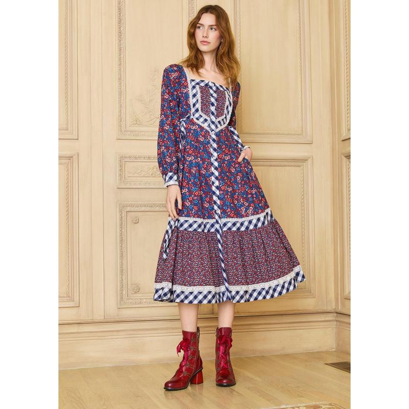 GUNNE SAX for ModCloth Veronica Midi Dress 100% Cotton Floral Print Long Sleeve Button Front (XS-4X)