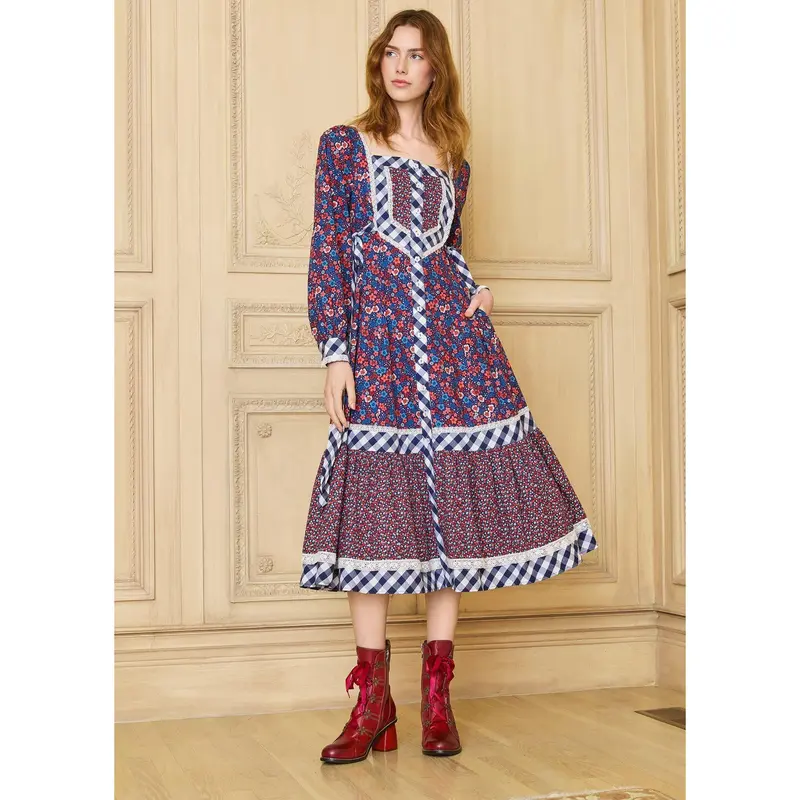 GUNNE SAX for ModCloth Veronica Midi Dress 100% Cotton Floral Print Long Sleeve Button Front (XS-4X)