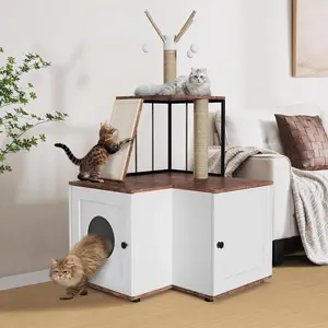 Cat Tree Litter Box Enclosure Hidden Litterbox, Large Tall Cat Tower for Indoor Cats Large Adult, 2 in 1 Multi Level 48.8 Inch Wooden Furniture with Scratching Post, Hanging Balls for Pets Enclosed