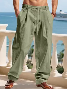 Men's Linen Wide Leg Pants, Drawstring Waist Pleated Design, Beach Vacation Yacht Travel Tropical Summer Casual, Lightweight Breathable Comfort
