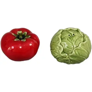 The Bridge Collection Tomato and Cabbage Salt and Pepper Shaker Set - Unique Farmhouse Garden Vegetable Dining Accessories - Fun and Functional Kitchen Decor
