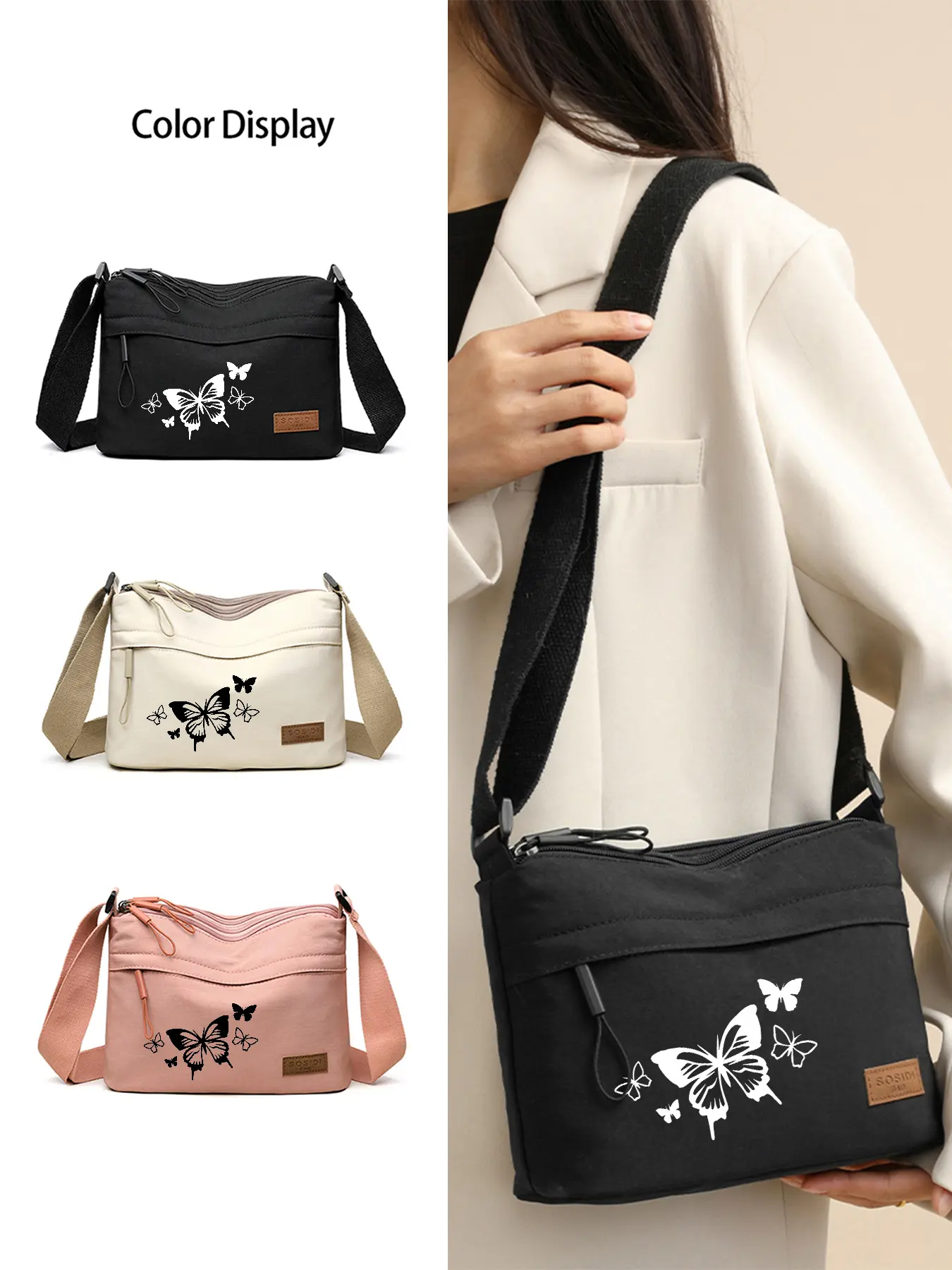 Women's Butterfly Pattern Crossbody Bag, Casual Crossbody Bag, Fashionable Crossbody Bag, Stylish Versatile Shoulder Bag with 3 Pockets, Multi-functional Phone Purse and Coin Organizer with Adjustable Strap, Perfect Holiday Gift, Bohemian Crossbody Purse