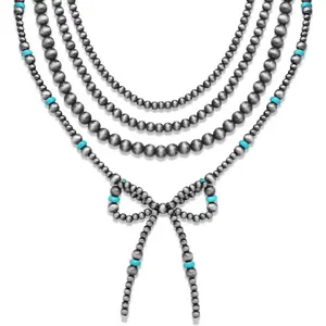 4pcs Western Navajo Pearl Stackble Necklace Jewelry For Women Beaded Chain Bow Pendant Boho Handmade Long Layered Country Concert Necklace Set
