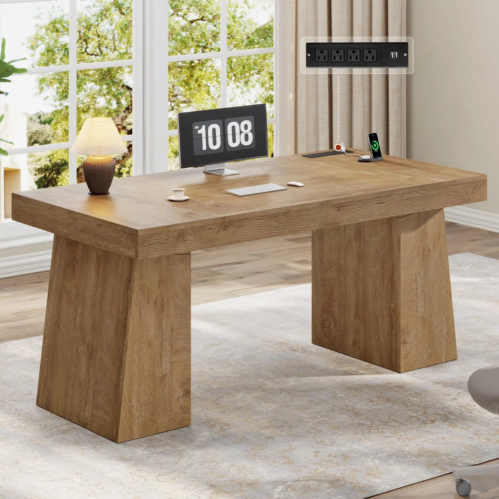 55.9" Executive Desk with Power Outlets, Modern Computer Desk with 2 Storage Cabine & Double Pedestat, Workstation Table for Home Office, Oak