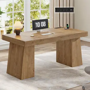 55.9" Executive Desk with Power Outlets, Modern Computer Desk with 2 Storage Cabine & Double Pedestat, Workstation Table for Home Office, Oak
