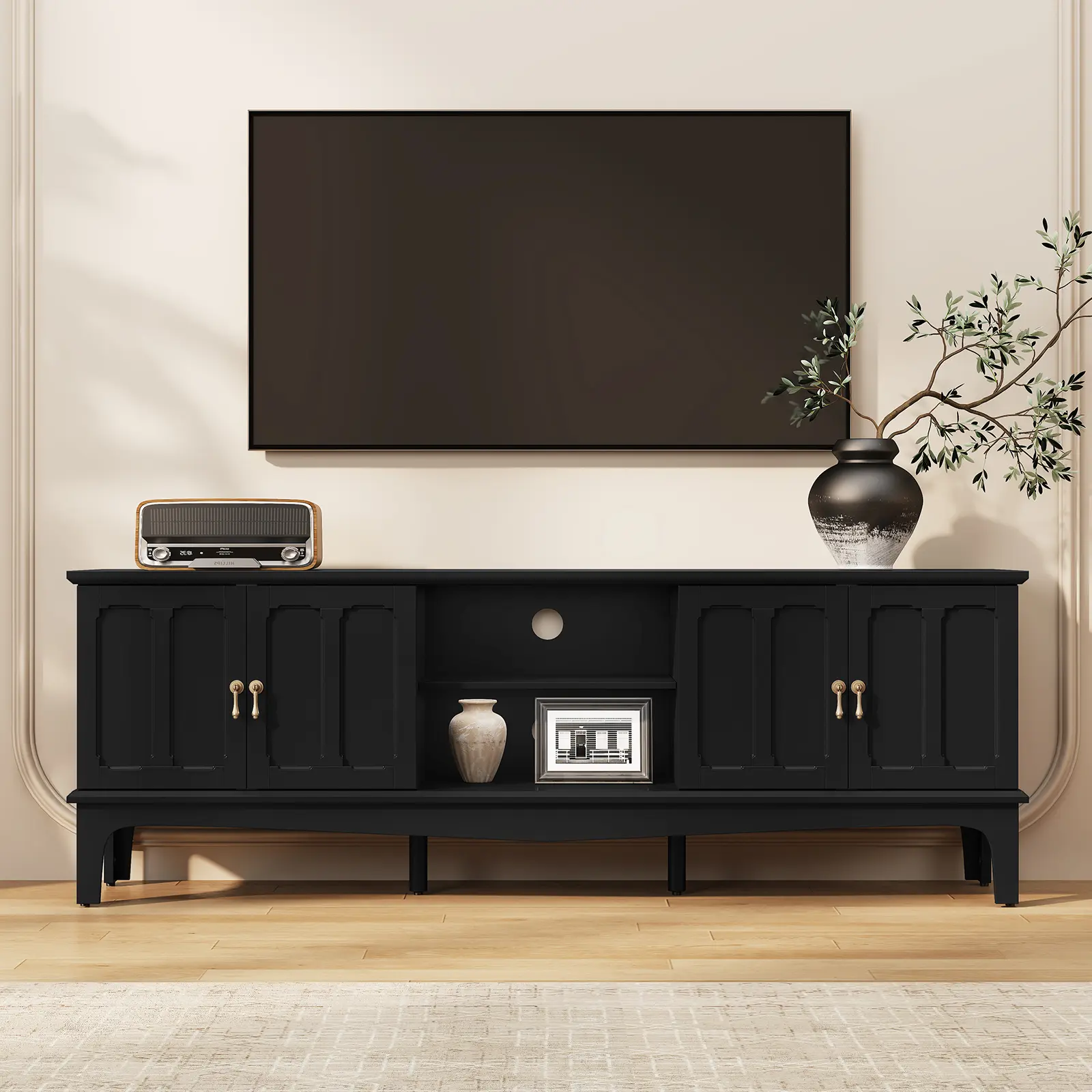 【Summervibes】Retro TV Stand for 75" TV | Black Media Console | Adjustable Shelf, Brass Handles | Streamlined Cable Management | Large Storage Space | Curved Bottom Design | Perfect for Living Room, Bedroom, Office | Eco-friendly Paint