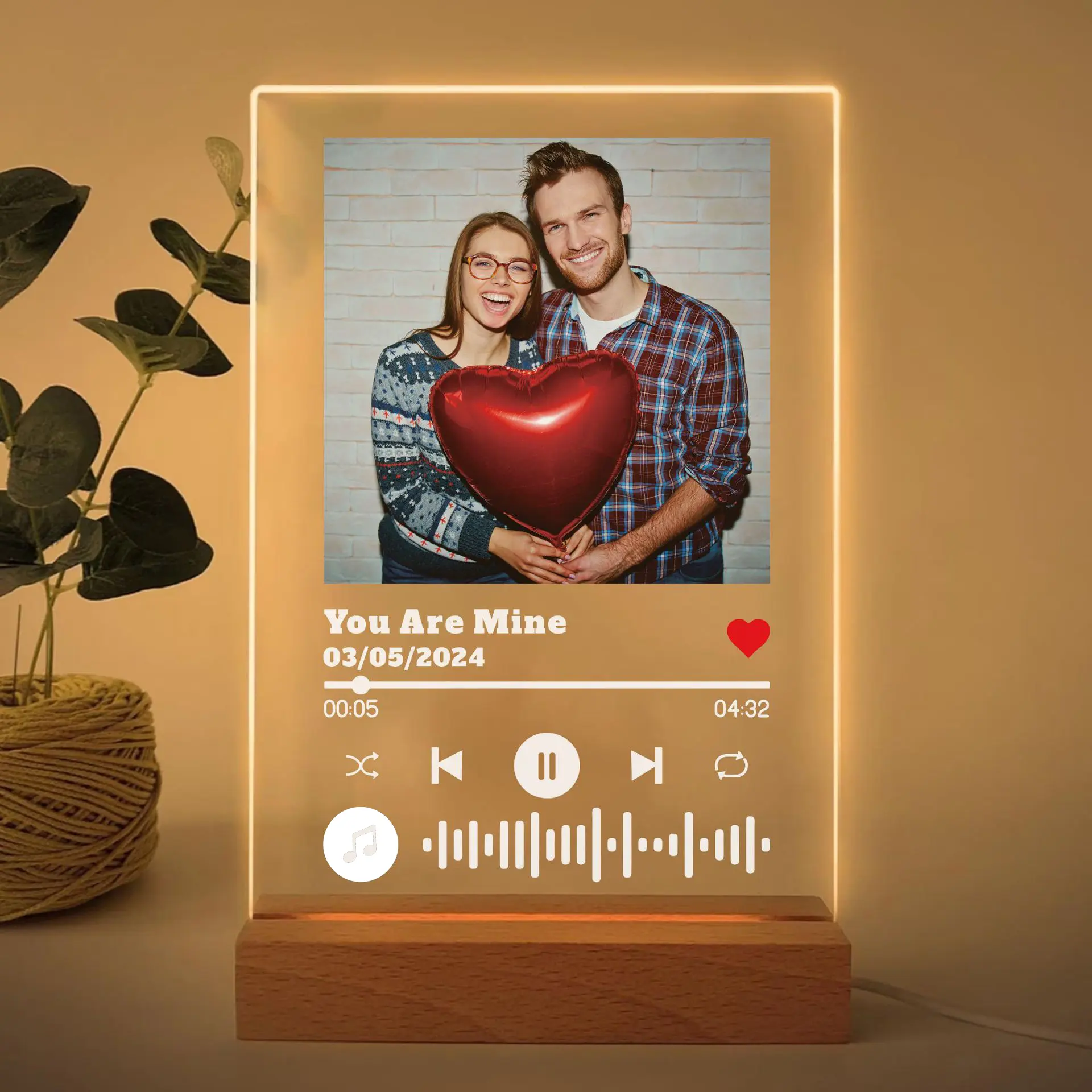Customized LED Picture Frame - 5.91"x8.66" UV Print Wood Multi-Light Night Light, Acrylic Desktop Decoration, Decorative Plaque, Song+Photo Glow Couples Gifts for Anniversary