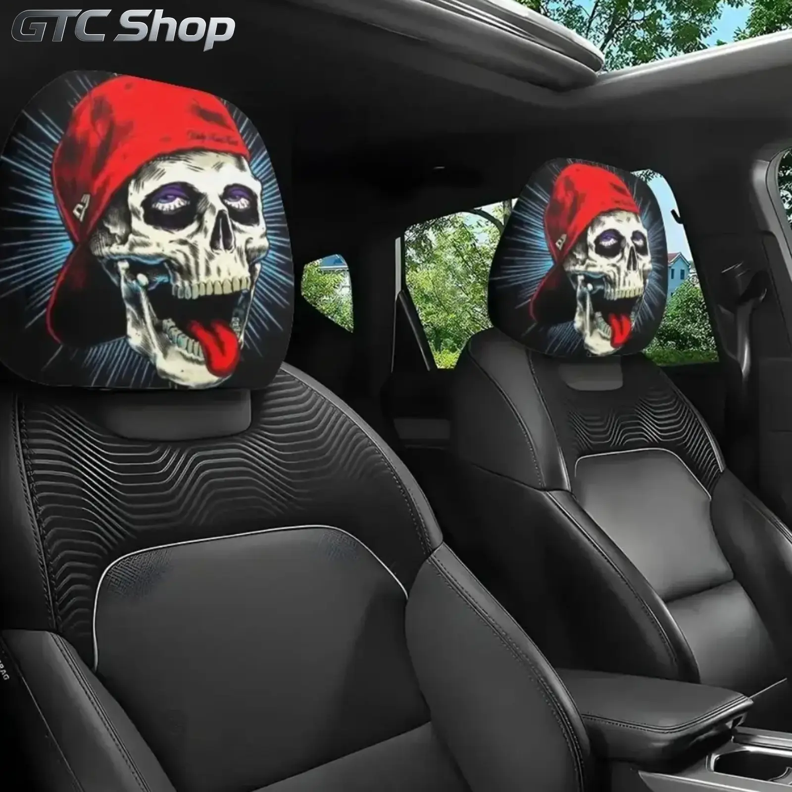 2-Pack Unisex Hip Hop Stylized Skull Print Car Headrest Covers, Automotive Decorative Accessories, Soft Comfort Cushion for Long Driving, Machine-Wash, Fits Most Cars, Easy-Install Neck Protector, Car Decorations Interior
