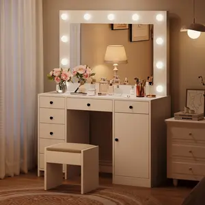 White Makeup Vanity Desk with Mirror and Lights Vanity Table with Charging Station 7 Drawers Storage Cabinet Wooden Dressing Table for Women Girls Bedroom
