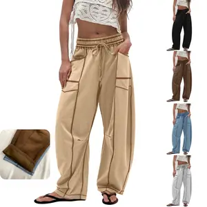 Kingapril Womens Fleece Lined Baggy Barrel Pants Casual Elastic Waisted Wide Leg Sweatpants with Pockets