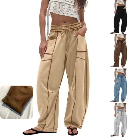 Kingapril Women's Cotton Blend Comfortable Adjustable Baggy Barrel Leg Sweatpants - Fleece-Lined Wide Leg Lounge Bottoms with Pockets, Elastic Smocked Waist, Breathable Oversized 1-Piece Pants for Halloween, Christmas, Above Knee, O Type, Coffee