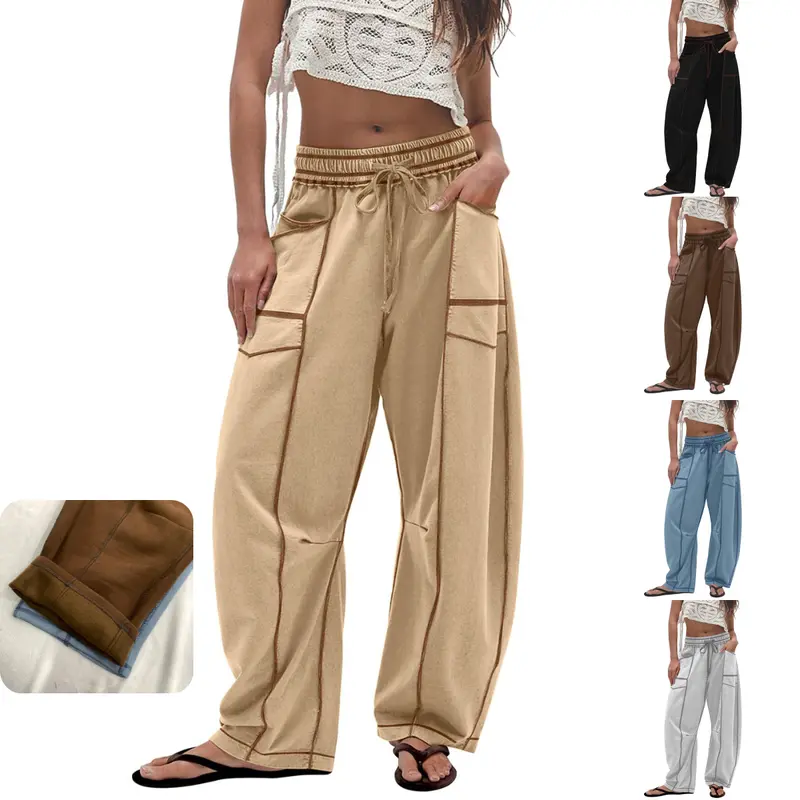 Kingapril Women's Cotton Blend Comfortable Adjustable Baggy Barrel Leg Sweatpants - Fleece-Lined Wide Leg Lounge Bottoms with Pockets, Elastic Smocked Waist, Breathable Oversized 1-Piece Pants for Halloween, Christmas, Above Knee, O Type, Coffee