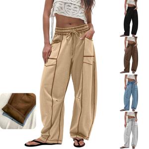 Kingapril Womens Fleece Lined Baggy Barrel Pants Casual Elastic Waisted Wide Leg Sweatpants with Pockets
