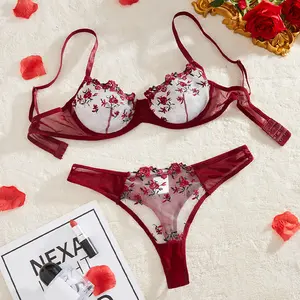 Women's Floral Embroidery SheerSexy Underwear Sets, Sexy ComfortUnderwired Push Up Bra & MeshThongS, Summer Clothes 2024,Womenswear, Fallfreshness Two PieceSet Women, Fall Essentials