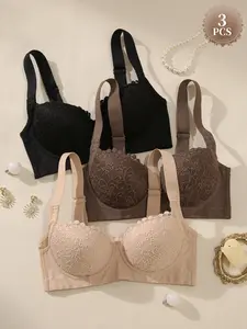 3-Pack Women's Sexy Color-Block Lace Push-Up Bra, Underwire Support & Lift, Wide Side Panel for Armpit Fat Contouring, Adjustable Wide Straps, Breathable & Skin-Friendly, Elegant All-Match Daily Comfort Wear
