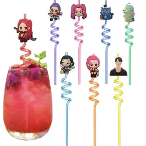 Fun Reusable Curly Straws, Cute Cartoon Charm Straws for Birthday Parties, Themed Events, Kids Party Favors, Colorful Plastic Drinking Straws with Decorative Toppers