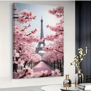 Paris Floral Blossom Oil Painting - Large Wall Decorative Painting Suitable for Living Room, Dining Room, Office - Canvas with Solid Wood Frame - Elegant French Spring Scene - 16x24inch & 24x36inch - Classic Parisian Flower Tree Garden Decoration, 2D Flat
