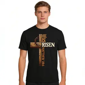 He Is Risen Easter Cross T-Shirt - Matthew 28:6 Christian Graphic Tee, Ideal Gift for Easter Celebrations, Church Outfits & Christian Men & Women PLK0107