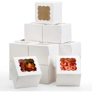 15pcs Bakery Boxes, 6x6x5in Small Bento Cake Box Cookie Boxes with Window, White Cupcake Boxes Treat Boxes for Dessert Pastries