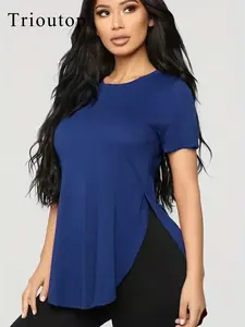 Short Sleeve Loose Fit T-Shirt, Side Slit Round Neck Casual Top, Comfortable Summer Wear, Women's Fashion Tee, Womenswear