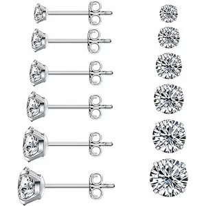 6 Pairs Earring Studs square Round Cubic Zirconia Earring Studs Set Big Clear CZ Studs Earrings for Women Girl  316L Stainless Steel 3-8mm Beautiful Different size Top...