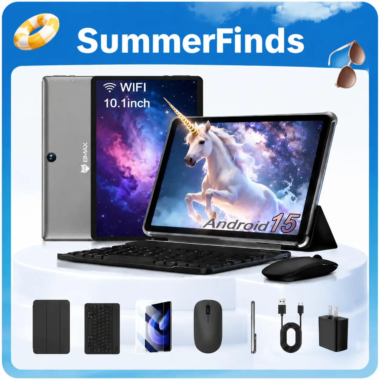 【Summer Wins】2026 BMAXi9PLUS 10.1" IPS Android 15 24GB ram（4+20）+128GBrom+Up to 1TB Tablet Bundle with Keyboard,Case,Stylus,Pre-installed Screen Protector,mouse,Type-C Charging, Adapter, Bluetooth5.0,WIFI6,6000mAh Battery,for Mother's Day Gift