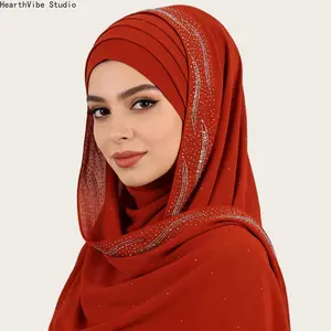 Elegant Rust Red Chiffon Hijab with Sparkling Rhinestone Curves - Premium Cross Front Headscarf, Soft Breathable Muslim Shawl for Eid, Wedding & Party Wear