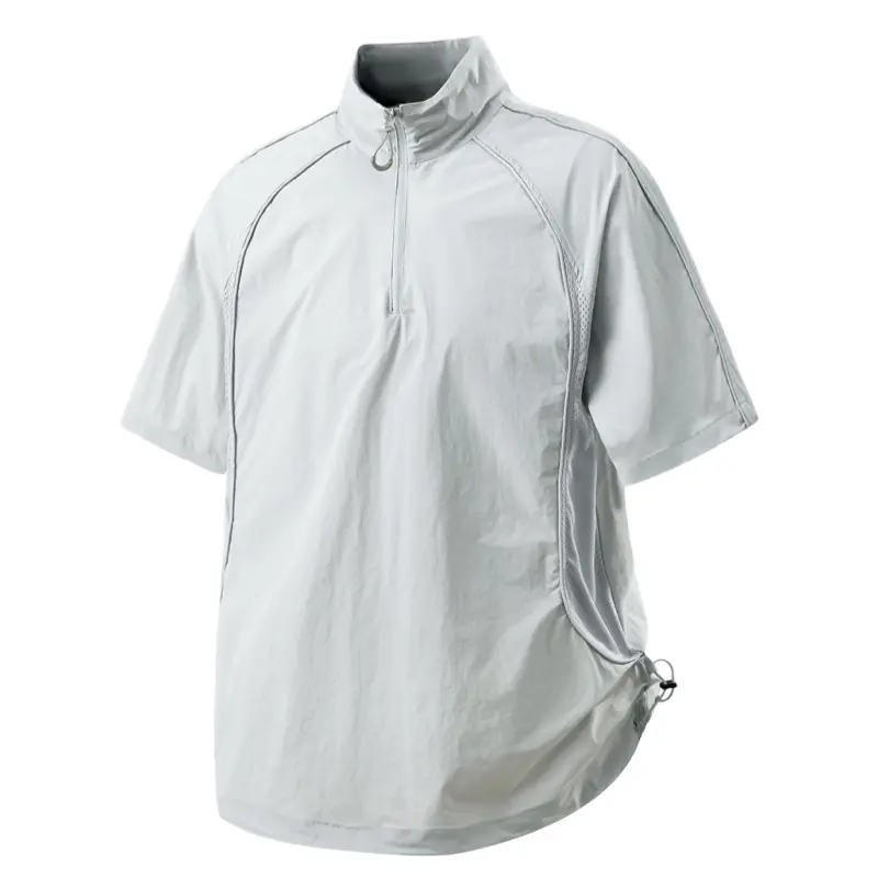Men's Summer Half Zip Stand Collar Outdoor Quick Dry Short Sleeve Top, Raglan Seam Design, Side Mesh Splicing, Adjustable Hem Drawstring, Lightweight Breathable Fabric, Techwear For Hiking Camping & City Outdoor Activities #SummerWins