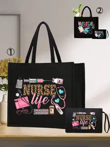 Nurse Print Handbag, Lightweight Shopping Bag, Portable Travel Beach Bag & Makeup Bag, Artistic Letter Pattern Design, Women's Daily Use
