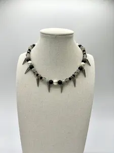 Neutral Colored Beaded Necklace with Spike Charms and Pearls