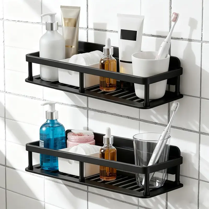 Bathroom Wall-Mount Corner Shower Organizer Set - 2-Piece Smooth Hollow Plastic Screw-In Fixture with 2 Large Shelves, Inside Shower Accessory, Casual, Convenient Cleaning, Hollow Drain Design