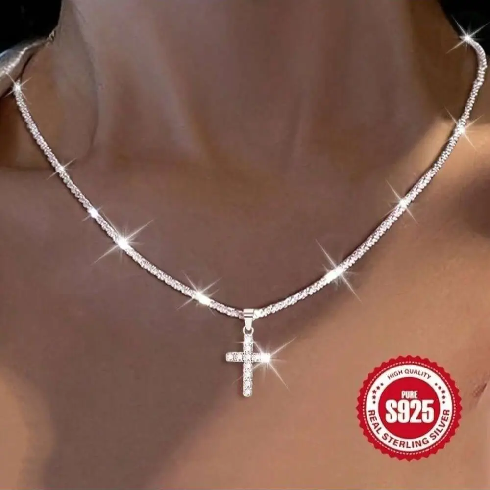 Women's Silver Color Fashion Necklace with Cross Pendant, Anti-Allergy Jewelry Gift for Women, Perfect Fall Winter Accessory