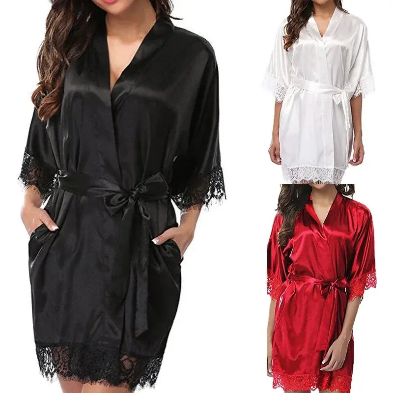 Iace Silk Pajamas Robes Sleepwear Nightgowns Half Sleeve Nightdress Black Lace Bathrobe Smooth Soft Comfortable Pure Color