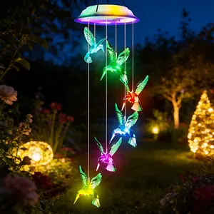 Solar Powered Hummingbird Wind Chime, Outdoor Color Changing Solar Bell, LED Waterproof Hanging Light, Garden Patio Decor Gift for Women
