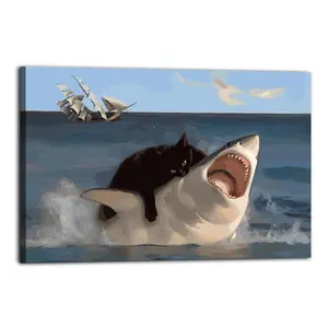 Cat Biting Shark Humorous Artistic Wall Decor, Waterproof Canvas Poster, Cute And Vibrant Poster for Bathroom, Living Room, Bedroom, Dorm, A Perfect Gift Idea for New Year Home Decor