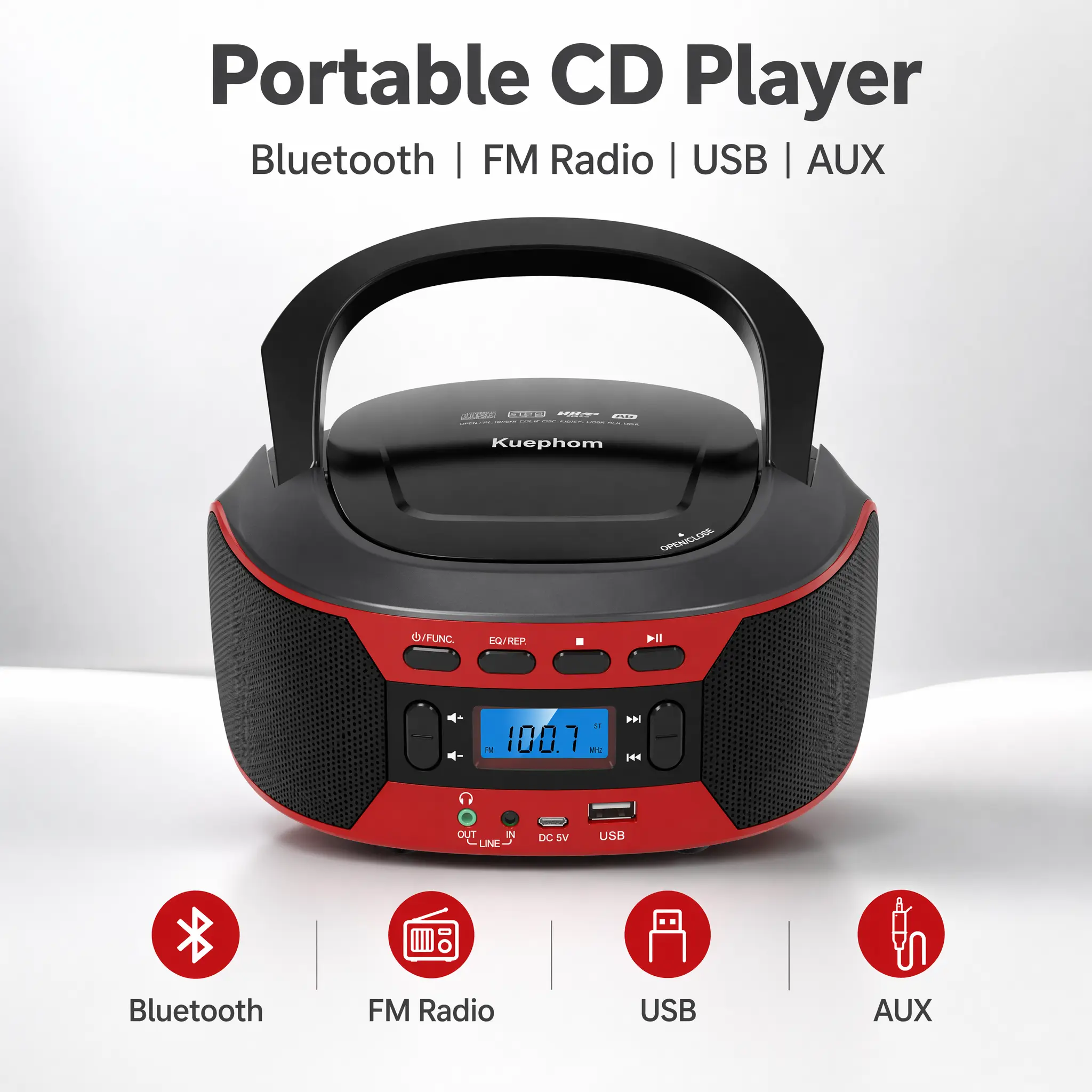Portable CD Player, with FM Radio, Bluetooth, USB, AUX in, CD R RW, MP3 Compatible, for Home or Outdoor