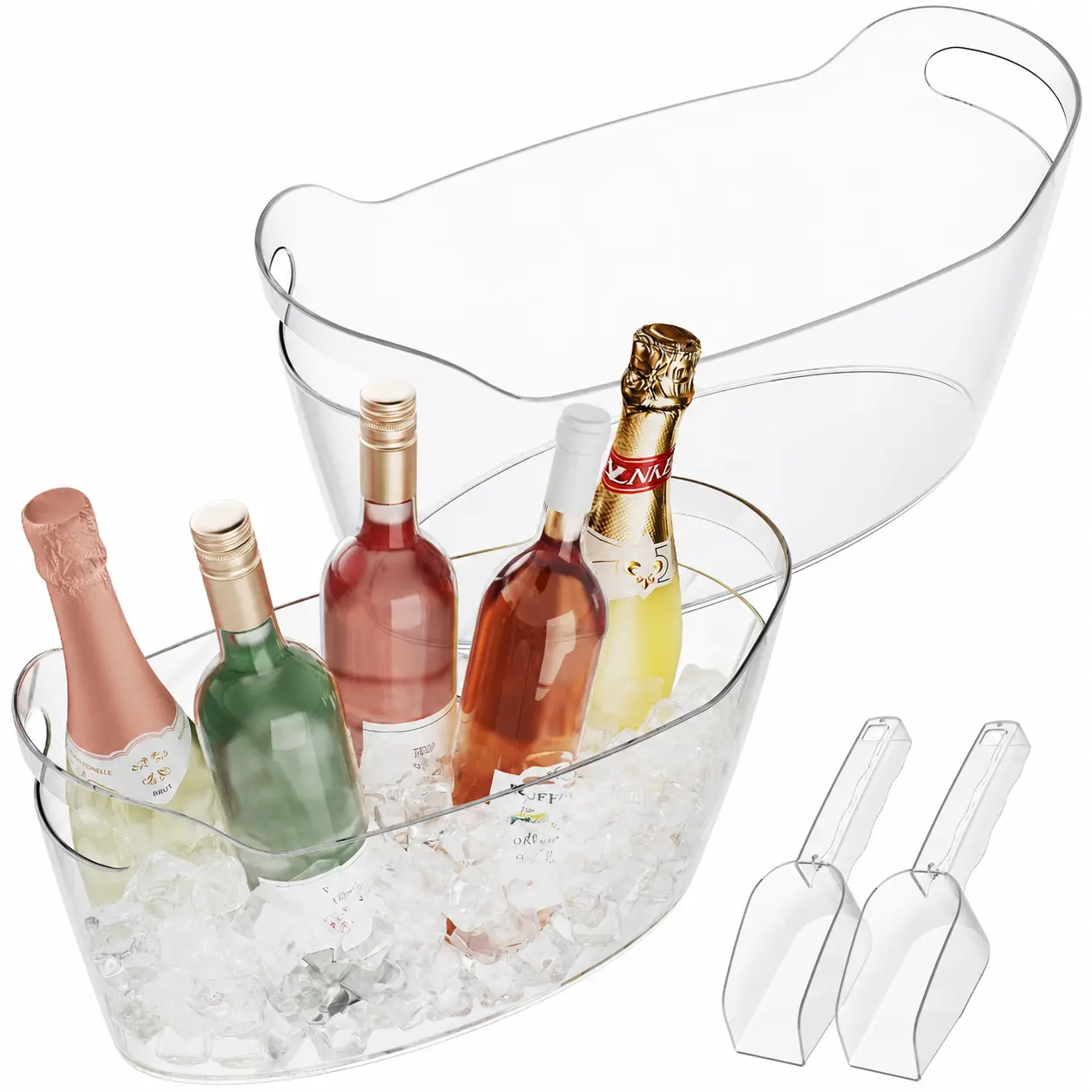 2-Pack Portable Transparent Ice Buckets with Handles & 2 Scoops, 6.5L Bar Drink Tub Chiller for Champagne, Beer, Cocktails, Perfect for Weddings, Picnics, Outdoor Events, Mimosa Bars