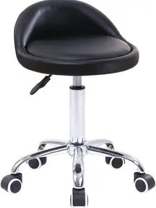 KKTONER PU Leather Round Rolling Stool with Back Rest Height Adjustable Swivel Drafting Work SPA Task Chair with Wheels Black