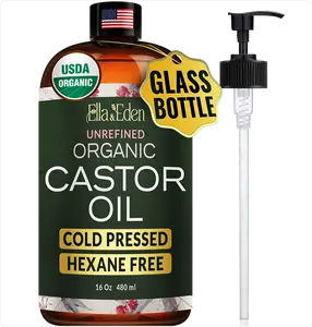 Organic Castor Oil Cold-Pressed Hexane-Free - 16 Fl Oz, USDA Certified, Glass Bottle for Moisture & Nourishment