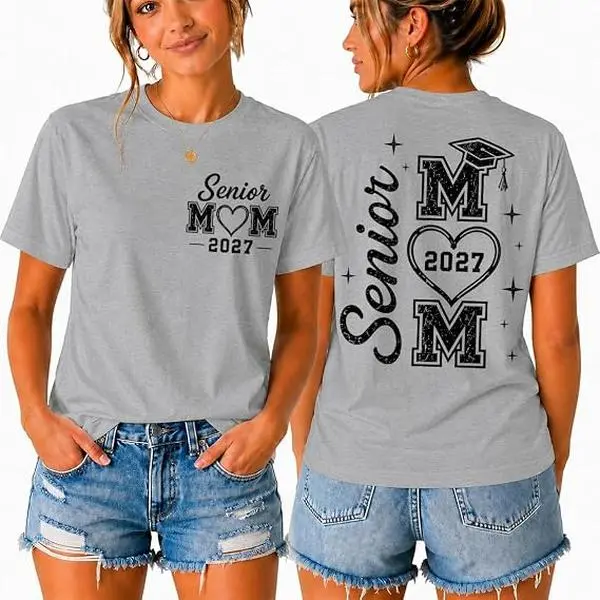 Class of 2027 Senior Mom Graphic Tee Unisex Double Sided Graduation Themed Casual T-Shirt