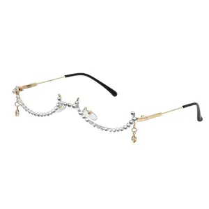 Gem Frame Alloy Half Frame Luxury Diamond Glasses with Gem-Like Accents and Chain Design
