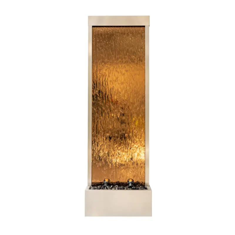 XBrand 68 in H Freestanding Modern Indoor/Outdoor Waterfall Fountain w/ Decorative Rocks, LED Lights & Auto-Shut Off Pump, Stainless Steel/Clear Glass, Silver
