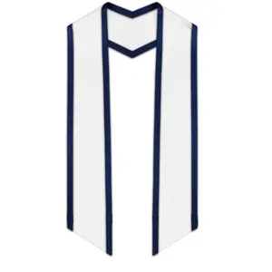 White Slanted Graduation Stole with Navy Blue Trim