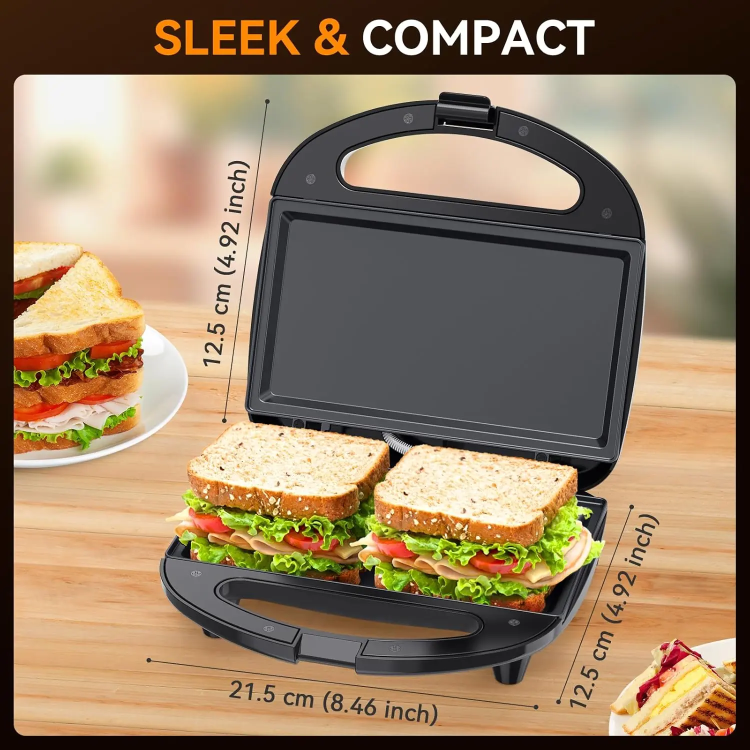 OSTBA 2-Slice Sandwich Maker Tabletop Griddle, 750W Electric Grill with Non-stick Flat Plates, Indicator Lights, Cool Touch Handle, Easy to Clean and Store