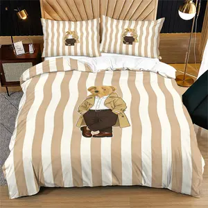 Colorful Striped Bear Print Bed Cover Set, Includes 1 Bed Cover and 1 or 2 Pillowcases, Excludes Quilt and Pillow Core, Suitable for Bedroom or Dormitory Bedding Sets, Ideal for Gifting or Personal Use