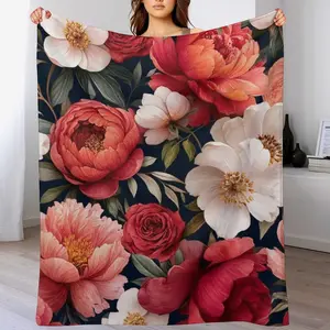 Peony & Rose Floral Flannel Throw Blanket, Dark Navy Background Botanical Print Fleece Blanket, Cozy Warm Blanket for Boho & Elegant Home Decor