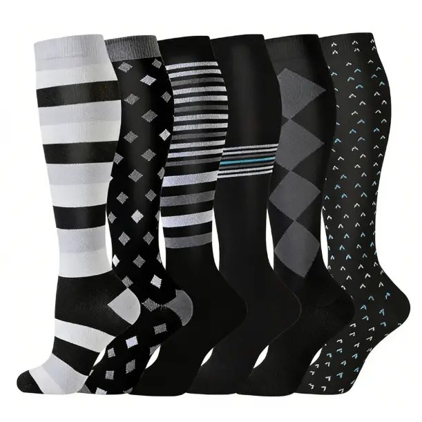Women's Compression Long Thigh-High Socks (6 Pairs) - Unisex, Floral Print, Moderate Flex, Breathable, Moisture-Wick, Ideal for Running & Daily Wear, Compression Socks Women, Fashion Look, Polyester Fiber, Sporty Chic, Year-Round Use, Compression Stocking