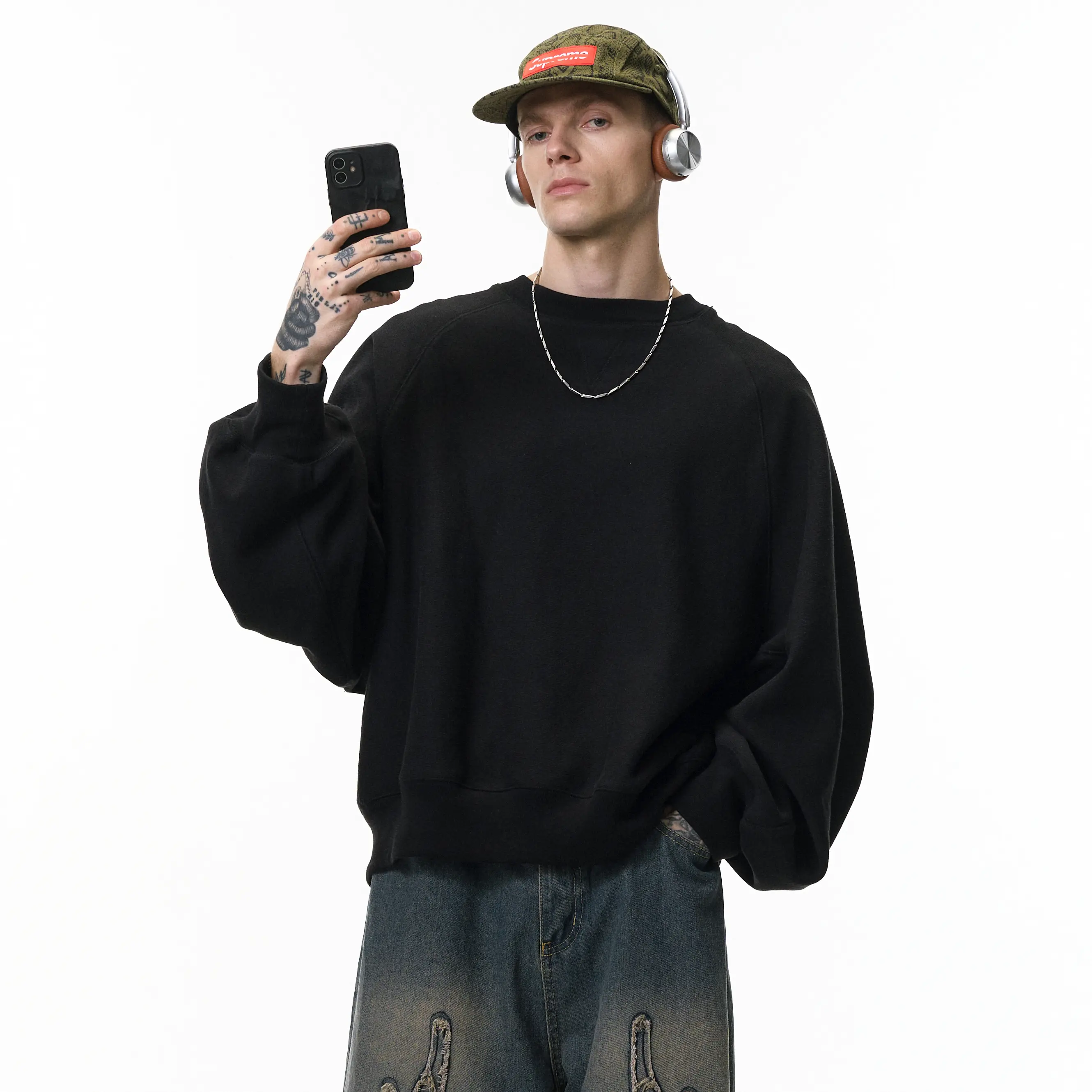 inflation Men's Oversized Baggy Pullover in Heavyweight 100% Cotton, Casual Loose Fit, Short Body Cut with Batwing Long Sleeves, Streetwear, Retro, Boxy Cut, Sweater, Heavy Cotton, Retro Street, Vintage, Sweatshirts, Tops, Loose Baggy, Baggy Oversized Men