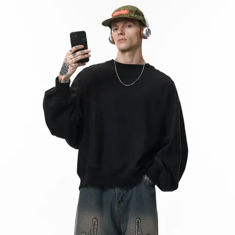 inflation Men's 100% Cotton Heavyweight Pullover Style Menswear Top - Round Neck, Wide-Sleeve Batwing Longsleeves, Laid-Back Casual Oversized Cut, Easy-On Short Body Vintage Retro Streetwear Knitwear