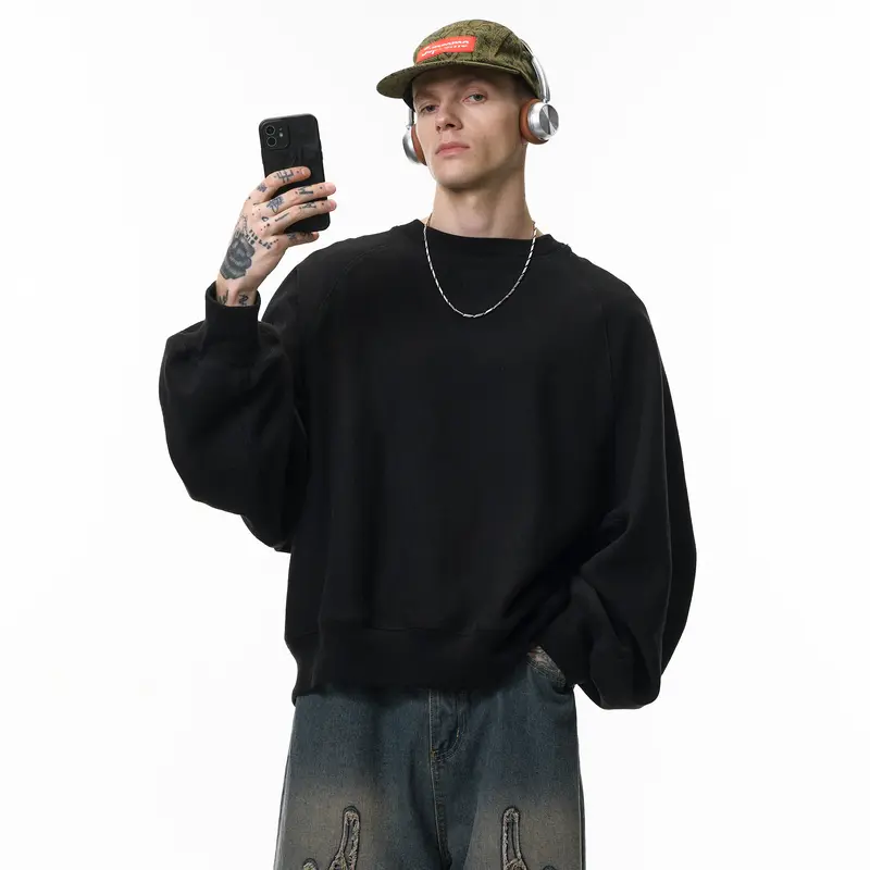 inflation Men's 100% Cotton Heavyweight Pullover Style Menswear Top - Round Neck, Wide-Sleeve Batwing Longsleeves, Laid-Back Casual Oversized Cut, Easy-On Short Body Vintage Retro Streetwear Knitwear